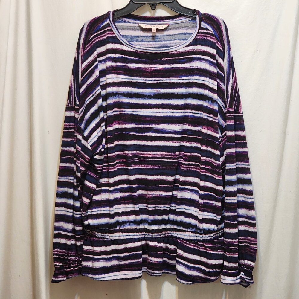 Willow Drive Top Womens XL Purple White Striped Peplum Long Sleeve‎ Bubble Hem